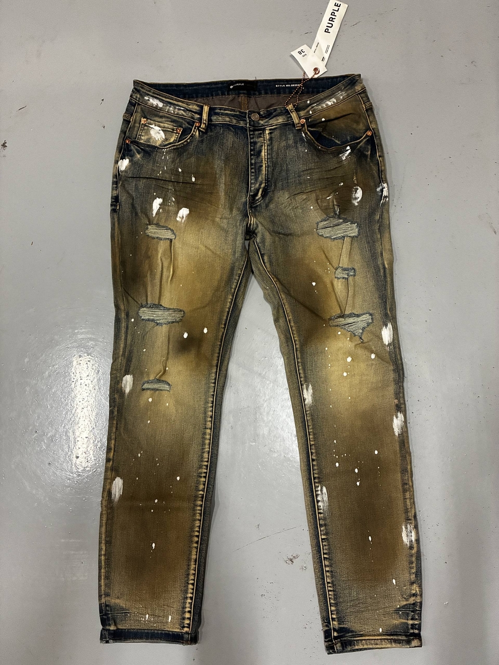 Men's Skinny Distressed Paint-Splash Jeans - Brown Wash